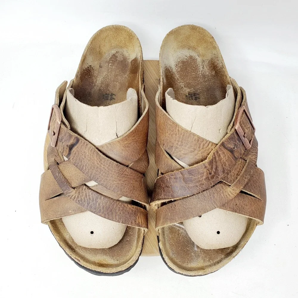 Birkenstock Lugano Sandals 44 Mens 11 Tobacco Oiled Leather Straps Shoes